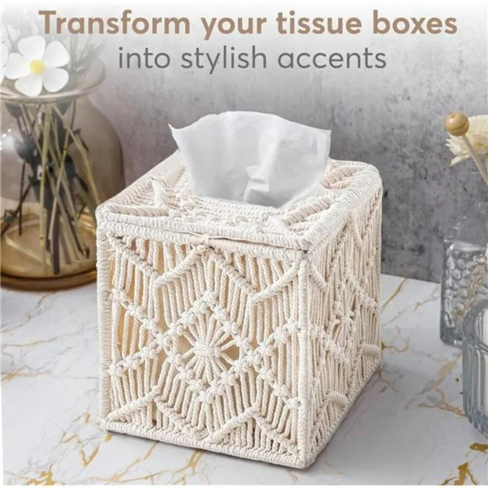 Square macrame tissue box cover woven boho tissue holder decorative home bathroo